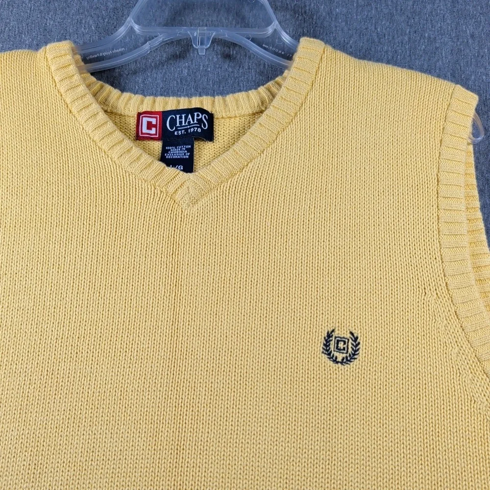 Y2K CHAPS V Neck Sweater Vest Mens Sz L Golf Cotton Knit Logo Yellow Streetwear